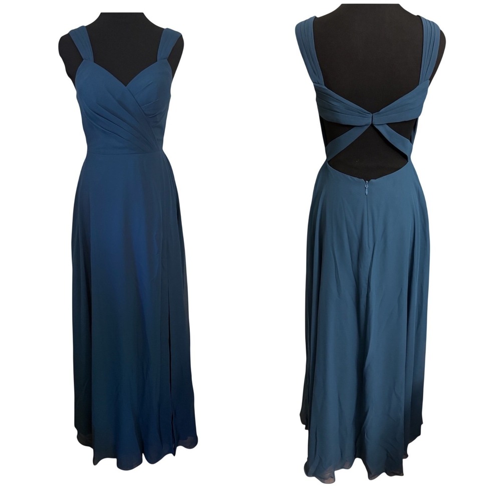 Azazie Nahrin Blue Chiffon V-Neck Open Back Pleated Maxi Bridesmaid Dress Size 4 - Picture 3 of 7